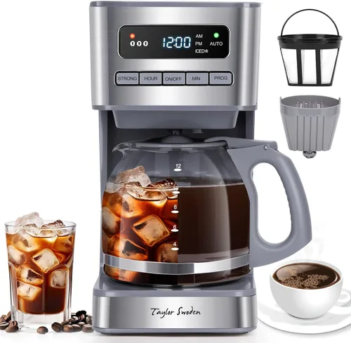 Vista 10 de Taylor Swoden Cafeteras programables de 12 tazas, cafetera para café caliente y café helado, 4 niveles de intensidad de preparación, pantalla LED