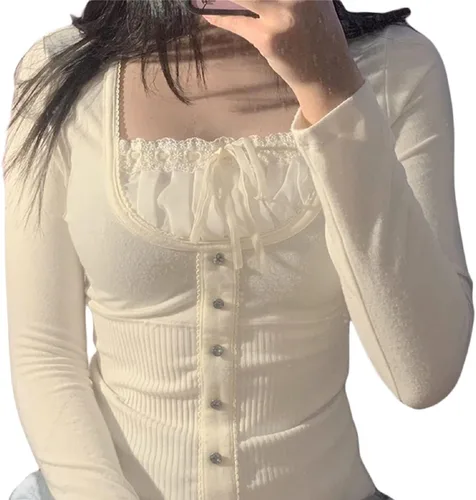 Vista 4 de Blusa de manga larga con cuello de encaje para mujer, estilo grunge, estilo grunge, estilo vintage
