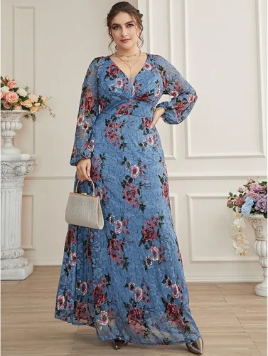 Vista 2 de TOLEEN Vestido de talla grande para mujer cuello en V bordado rosa elegante formal con malla