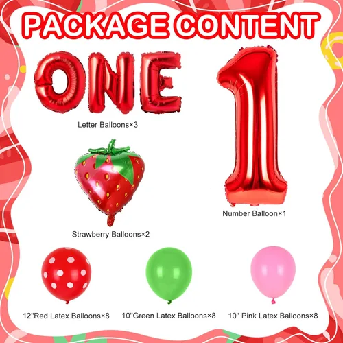 Vista 2 de Whaline 30 piezas de decoración de primer cumpleaños de fresa, globos número uno, letras UNO, globos de fresa, globos rosados y verdes para bayas