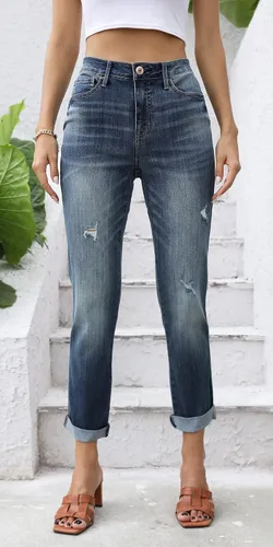 Vista 2 de OFLUCK Jeans de cintura alta para mujer, rasgados, elásticos, recortados