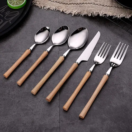 Vista 4 de Juego de cubiertos de madera para 6 cubiertos modernos de acero inoxidable, juego de cubiertos de 30 piezas, cuchillos, tenedores, cucharas, vajilla