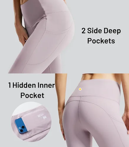 Vista 3 de MIER Pantalones de yoga de cintura alta para mujer, con bolsillos, control de abdomen, para correr, atléticos, de compresión, longitud completa