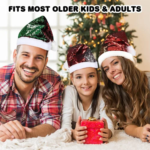 Vista 6 de ArtCreativity Sombrero de Papá Noel con lentejuelas, 1 unidad, sombrero de disfraz de Papá Noel con lentejuelas brillantes y pompón, accesorio