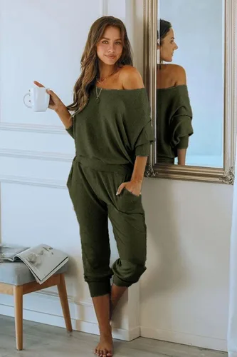 Vista 4 de PRETTYGARDEN Conjunto deportivo acanalado de 2 piezas para mujer hombros descubiertos manga larga sin botones pantalones largos con bolsillos