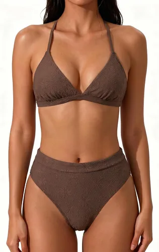 Vista 29 de SUUKSESS - Conjunto de bikini de dos piezas para mujer, con cintura alta y corte sexy, estilo triángulo 127 verde militar