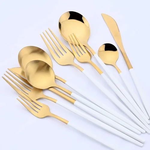 Vista 6 de Juego de cubiertos de oro mate y blanco, 5 piezas, juego de vajilla de acero inoxidable 18/10, servicio para 1, juego de utensilios de cocina, juego