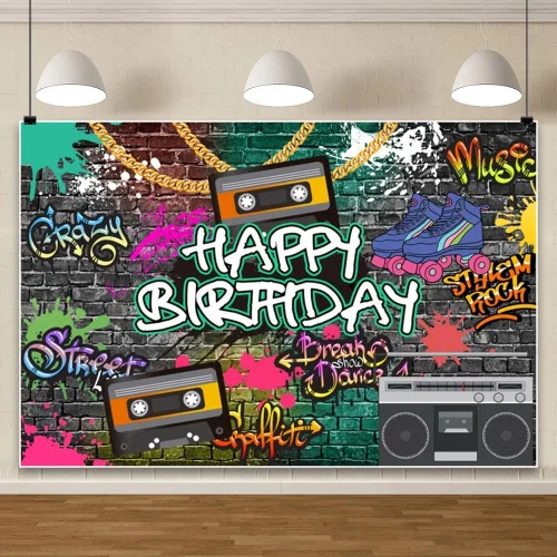 Vista 5 de AOFOTO Telón de fondo de feliz cumpleaños de los años 80 y 90, de 5 x 3 pies, tema de regreso a los 80, 90, hip-hop, rock, fondo de cumpleaños