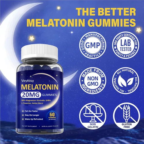 Vista 9 de Gomitas de melatonina de 20 mg para adultos, suplemento gomoso de melatonina de máxima fuerza con glicinato de magnesio, B6, B12, L-teanina, GABA