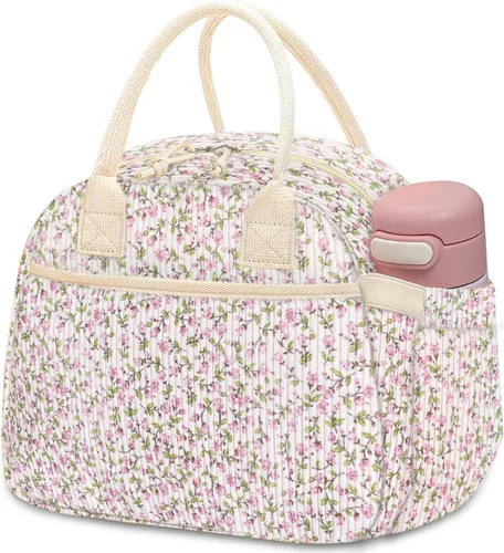 Vista 18 de Carry bloom Lonchera para mujer, lonchera aislada, bonita lonchera de pana reutilizable para el trabajo (1 rayas blancas y negras)