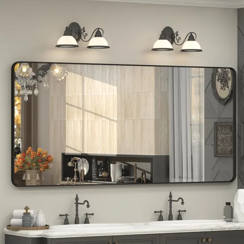 Vista 51 de Espejo rectangular para pared de baño de 20x30 pulgadas con marco negro mate, espejo de tocador con esquinas redondeadas, espejo de baño de metal