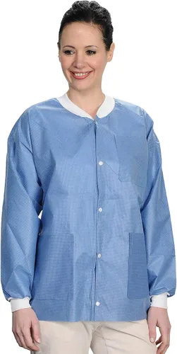Vista 11 de Paquete de 10 chaquetas desechables de laboratorio, chaqueta médica reutilizable hasta la cadera, unisex, con puños de punto y bolsillos
