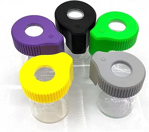 Vista 7 de Tarro de almacenamiento de vidrio transparente con sello LED, botella de vidrio ornamental con luz y aumento (Negro)