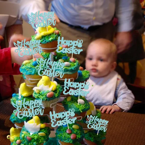 Vista 9 de Gyufise Paquete de 24 adornos azules con purpurina para cupcakes de Pascua con orejas de conejo de Pascua, decoraciones para fiesta de Pascua