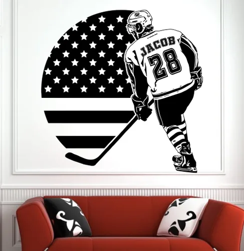 Vista 12 de Calcomanía de pared personalizada de jugador de hockey con nombre y número personalizados, arte de pared de vinilo para entusiastas
