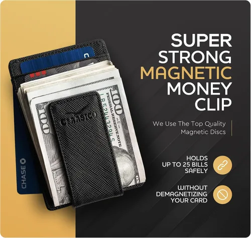 Vista 11 de Billetera de cuero con clip para dinero, bolsillo frontal delgado, bloqueo RFID con imán súper fuerte