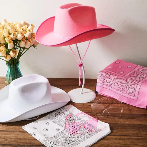 Vista 4 de 12 sombreros de vaquero con bandana para Halloween, cosplay, disfraz de vaquera, sombrero para boda, novia, dama de honor, hombres y mujeres, rosa