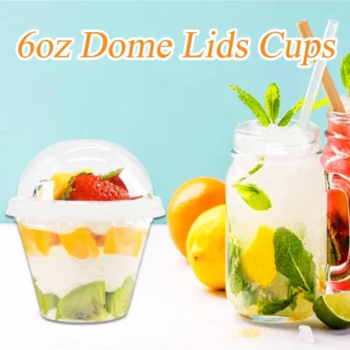 Vista 5 de Szsrcywd 50 Piezas Vasos de Plástico Transparente de 6 oz con Tapas de Cúpula, Vaso de Parfait Transparente, Vasos de Postre Desechables para Fruta