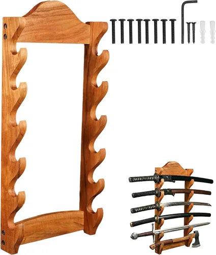 Vista 14 de Mythrojan Soporte de espada medieval de madera maciza horizontal para katana, samurái, gladiador, espadas cruzadas, soporte de mesa elegante, 1 nivel