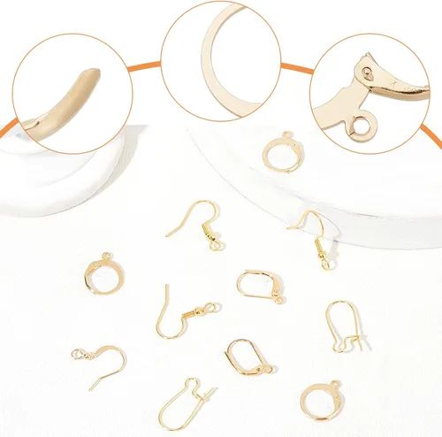 Vista 4 de Beebeecraft 50 ganchos para aretes de 5 estilos con bucle, chapados en oro de 18 quilates, ganchos para orejas de pez, arracadas con cierre de Dorado
