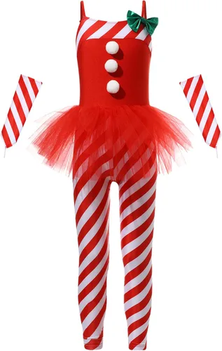 Vista 3 de Venjoe Disfraz de bailarina de caramelo de Navidad para niñas, diseño de rayas con volantes y falda