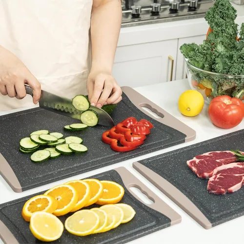 Vista 7 de Tablas de cortar extra grandes, tablas de cortar de plástico para cocina (juego de 3) tabla de cortar para lavavajillas con ranuras para jugos, asas