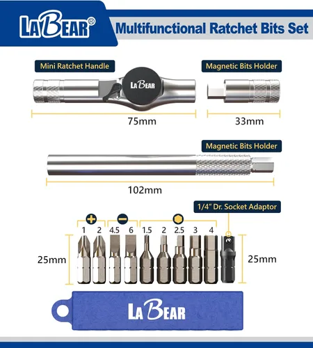 Vista 2 de LABEAR Multiherramienta para bicicleta 12 en 1, mango en T de trinquete con puntas S2 y adaptador 90 Tooth, 4 degree swing arc, magnetic holder