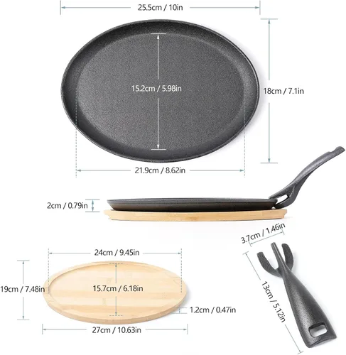 Vista 2 de HAWOK Fajita de hierro fundido con bandeja de bambú y asa Juego de 4 Negro-266-4