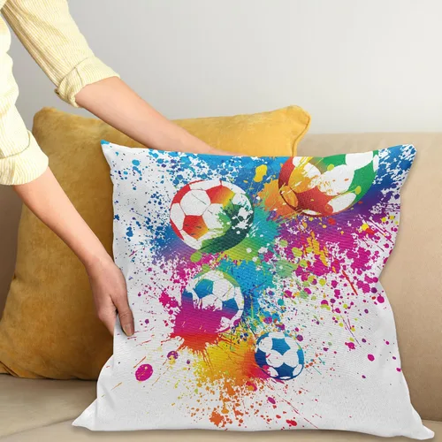 Vista 2 de Ambesonne Funda de cojín de fútbol, salpicaduras de colores en todas las pelotas de fútbol puntuación del campeonato de la Copa del Mundo Atlético