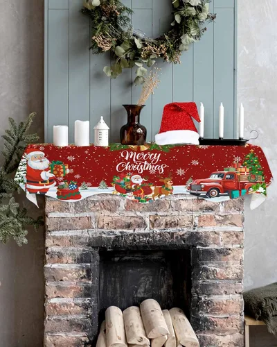 Vista 5 de Bufanda roja de Navidad, decoración de chimenea para sala de estar, copo de nieve de Papá Noel, árbol de Navidad, chimenea, mantel de invierno