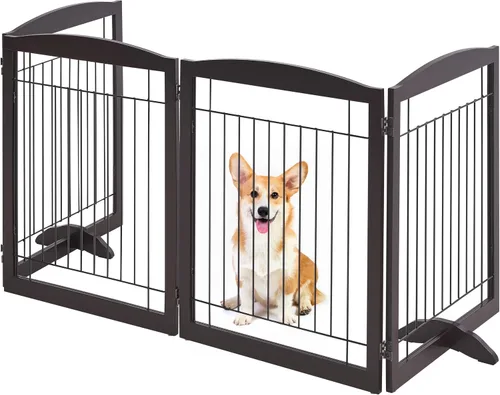 Vista 9 de Yaheetech Puerta extra ancha independiente para perros, valla plegable para cachorros con pies de apoyo adecuada para puertas, escaleras, 98 Espresso