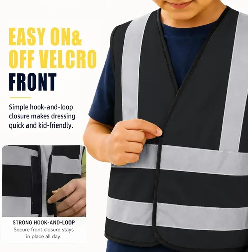 Vista 7 de AYKRM Chaleco de alta visibilidad para niños chaleco de seguridad reflectante de alta visibilidad Logotipo negro.