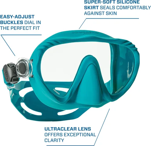 Vista 4 de SCUBAPRO Máscara de buceo fantasma, diseño sin marco de bajo volumen con lente única ultra transparente, falda de silicona y hebillas de correa