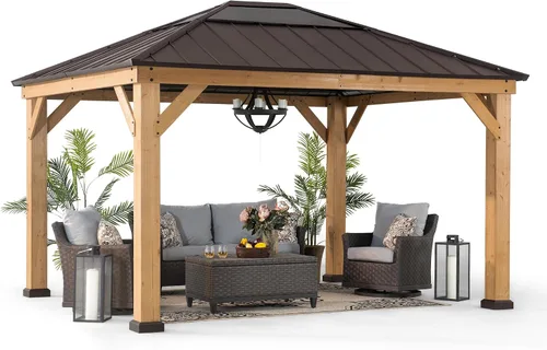Vista 14 de Kiosco con techo rígido Sunjoy de 9 x 9 pies. Gazebo de madera con estructura de cedro mejorado con techo de acero marrón y policarbonato a dos