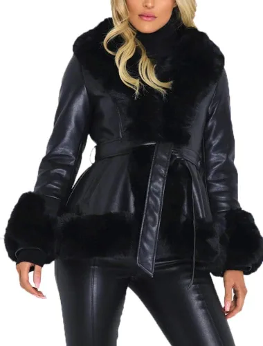 Vista 3 de Aurgelmir Chaqueta de piel sintética para mujer, abrigo parka cortolargo con cuello de piel