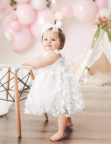 Vista 3 de Vestido tutú para niñas pequeñas, sin mangas, con diseño de mariposa, tul, para cumpleaños, princesa, con diadema de flores