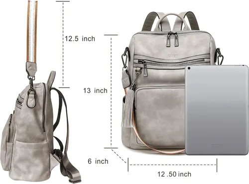 Vista 6 de OPAGE - Mochila de cuero para mujer, con borla de moda, bolso de hombro, mochila grande, bolsa de viaje, gris, L