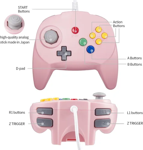 Vista 2 de 2 Pack Wired N64 Controller, MODESLAB Gamepad Joystick Replacment Original 64 Controllers Compatible for N64 Console Upgrade 3D Analog Stick - Pink