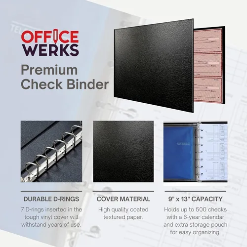 Vista 2 de Office Werks - Carpeta prémium de 7 anillos para cheques comerciales, capacidad de 600 cheques para hojas de 9 x 13 pulgadas, elegante funda