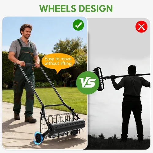 Vista 7 de Aireador de césped, aireadores manuales resistentes para césped con doble peso de hasta 100 libras, herramienta de césped con 39 picos, aireador