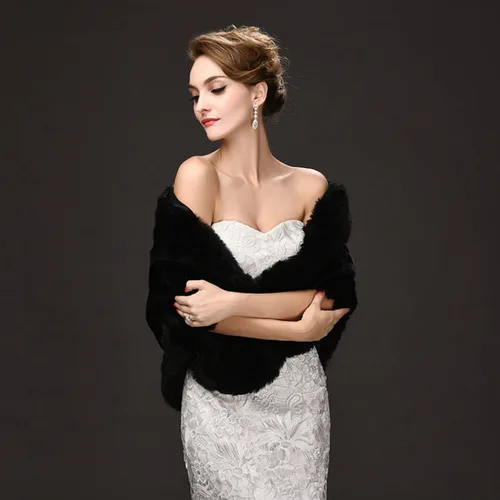 Vista 3 de CHITONE Abrigo de piel sintética negra para mujer, chal para boda, fiesta, espectáculo, Negro
