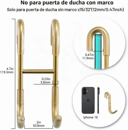 Vista 3 de NINETREX - Ganchos para puerta de ducha, ganchos sobre puerta de vidrio para baños de vidrio sin marco, gancho de acero inoxidable SUS 304 Dorado