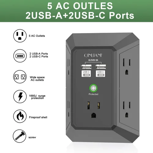 Vista 2 de QINLIANF cargador USB de pared, protector contra sobrecargas, extensor de 5 tomas con 4 puertos de carga USB (4.8 A en total), 3 lados, 1,680 J