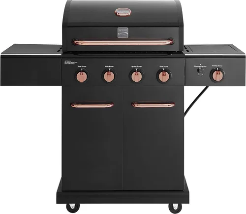 Vista 2 de Kenmore Parrilla de barbacoa de gas propano estilo gabinete de 4 quemadores con quemador lateral abrasador, 52000 BTU en total, negro y cobre Kit