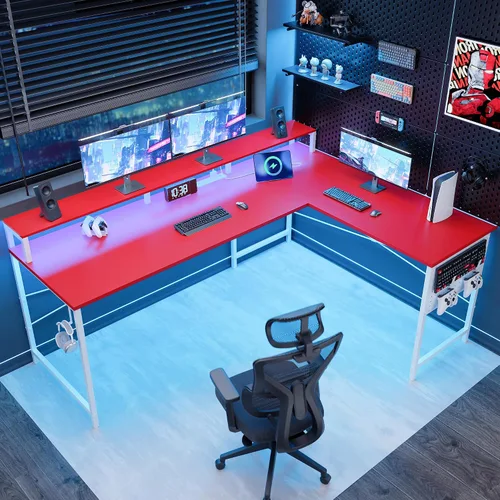 Vista 5 de Pamray Escritorio para juegos en forma de L de 64 pulgadas con tomas de corriente y luces LED, escritorio de esquina grande para computadora
