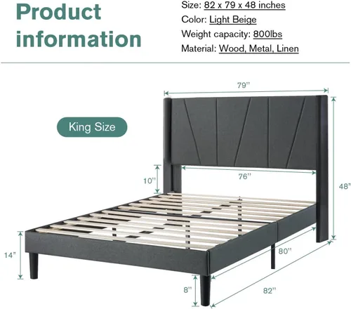 Vista 2 de IMUsee Base de cama tamaño King con cabecera geométrica con respaldo de alas, plataforma tapizada con soporte de listones de madera, no necesita