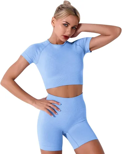 Vista 2 de IDOPIP Conjuntos de entrenamiento para mujer, 2 piezas, traje de yoga, brasier deportivo sin costuras, top corto + leggings de cintura alta
