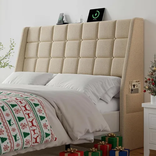 Vista 11 de Cabecera ergonómica tapizada de tamaño completo con estación de carga, cabeceros wingback de lino con bolsillo de almacenamiento, solo cabecero