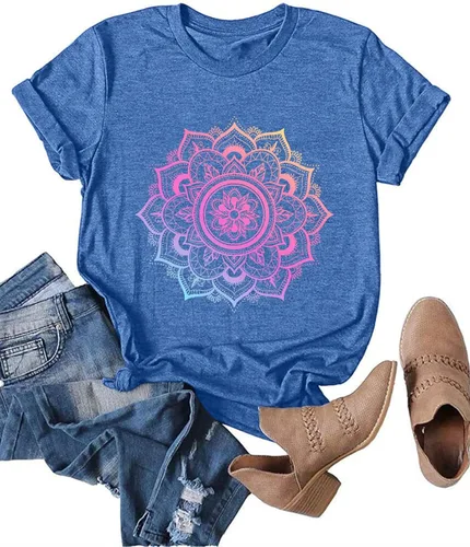 Vista 4 de Camiseta de verano para mujer con diseño de girasol y rayos de sol estampados para mujer