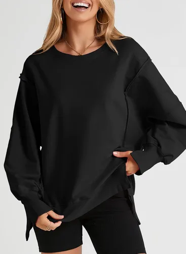 Vista 4 de SHEWIN Sudadera casual de gran tamaño de manga larga con costuras inversas y cuello redondo para mujer Un negro
